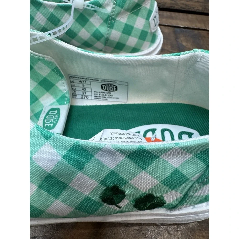 Hey Dude Wendy Shamrock Gingham Green White Casual Slip-on Shoes Size 11